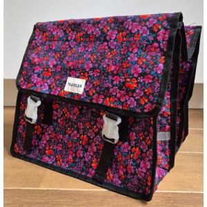 Traveler Dubbele zwarte fietstas bloemen roze paars rood